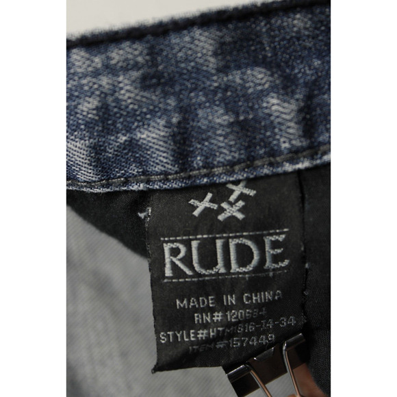 XXX Rude Button Fly Skinny Jeans Men 30 / 34 Distressed Ripped Blue Denim - Picture 9 of 14